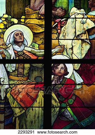 Stock Image - Stained galss window in St Vitus Cathedral designed by Alfons Mucha, Prague, Czech Republic, Europe. Fotosearch