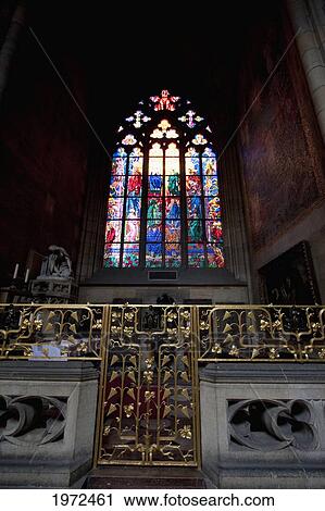 Stock Image - Stained Glass Window In St. Vitus Cathedral, Prague, Czech Republic. Fotosearch