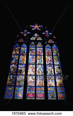 Stock Image - Stained Glass Window In St. Vitus Cathedral, Prague, Czech Republic. Fotosearch