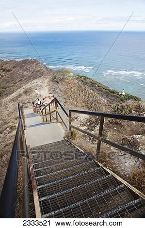 Stock Image - Stairs leading down to a ridge overlooking the ocean; Honolulu, Oahu, Hawaii, United States of America. Fotosearch