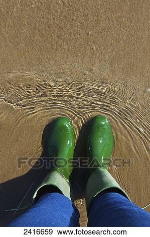 Stock Photo - Standing in green rubber boots in the shallow water; Devon, England. Fotosearch