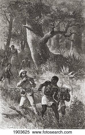 Stock Photography - Stanley Threatens To Shoot A Porter During The Mutiny In Gombe, Africa During The His Expedition In 1872. Sir Henry Morton Stanley, Born John Rowland, 1841 To 1904. Welsh Journalist And Explorer. From El Mundo En La Mano Published 1878.. Fotosearch