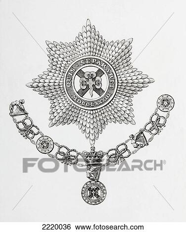 Stock Photograph - Star, Collar And Badge Of The Order Of St. Patrick. From The Cyclopaedia Or Universal Dictionary Of Arts, Sciences And Literature By Abraham Rees, Published London 1820.. Fotosearch