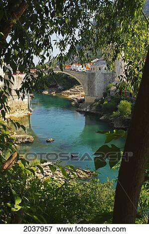 Stock Photo - Stari Most Or Old Town Bridge Over The River Neretva; Mostar Muslim-Croat Federation Bosnia And Hercegovina. Fotosearch