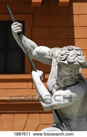 Statue In Neptune Fountain And Orange Building, Close Up View Large Photo Image Stock Image - Statue In Neptune Fountain And Orange Building, Close Up. Fotosearch