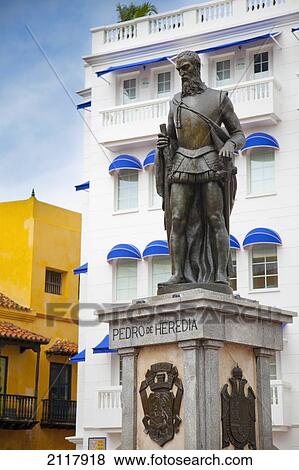 Stock Photo - Statue Of Pedro De Heredia In Plaza De Los Coches; Cartagena Colombia. Fotosearch