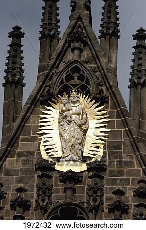 Stock Image - Statue Of The Virgin And Child On The Facade Of The Church Of Our Lady Before Tyn, Prague, Czech Republic. Fotosearch
