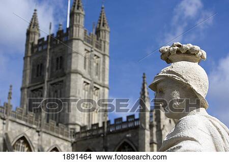 Picture - Statue Overlooking Roman Baths With Bath Abbey In Background. Fotosearch