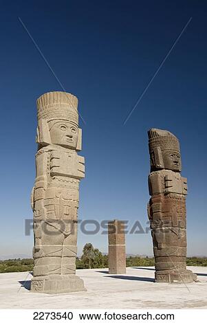 Stock Image - Statues in the archaeological zone of Tula; Tula de Allende, Hidalgo, Mexico. Fotosearch