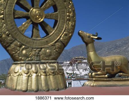 Stock Image - Statues Of Deer And Dharma Wheel On Top Of The Jokhang Temple With The Potala Palace In The Background. Fotosearch