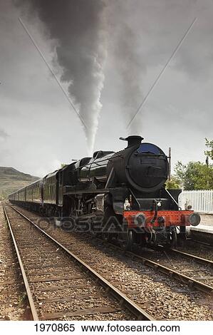 Stock Photography - Steam Coming From A Train Moving Down The Tracks; Mallaig Highlands Scotland. Fotosearch