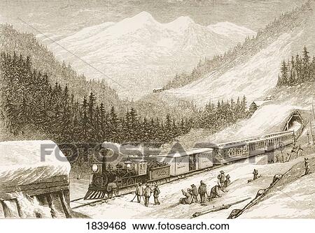 Stock Photo - Steam Train Carrying Us Mail Across Sierra Nevada In 1870S. From American Pictures Drawn With Pen And Pencil By Rev Samuel Manning Circa 1880. Fotosearch