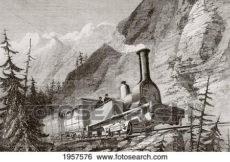 Stock Photograph - Steam Train Used On The Mont-Cenis, France, Railroad During The 1860's. From L'univers Illustre Published In Paris In 1868.. Fotosearch
