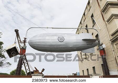 Stock Image - Steampunk sculpture of a blimp; Oamaru, South Island, New Zealand. Fotosearch