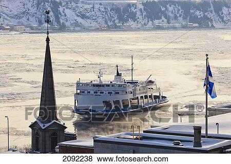 Stock Photo - Steeple Of Notre-Dame-Des-Victoires And Ferry On Saint Lawrence River; Quebec City Quebec Canada. Fotosearch