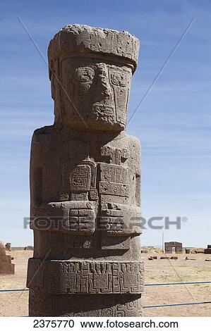 Stock Image - Stela 8 or Ponce Monolith made of andesite in the courtyard of the Kalasasaya Temple, Tiwanaku, La Paz Department, Bolivia. Fotosearch