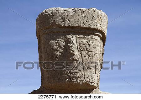 Stock Image - Stela 8 or Ponce Monolith made of andesite in the courtyard of the Kalasasaya Temple, Tiwanaku, La Paz Department, Bolivia. Fotosearch