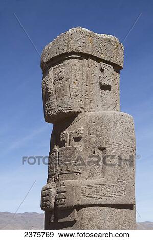 Stock Photo - Stela 8 or Ponce Monolith made of andesite in the courtyard of the Kalasasaya Temple, Tiwanaku, La Paz Department, Bolivia. Fotosearch