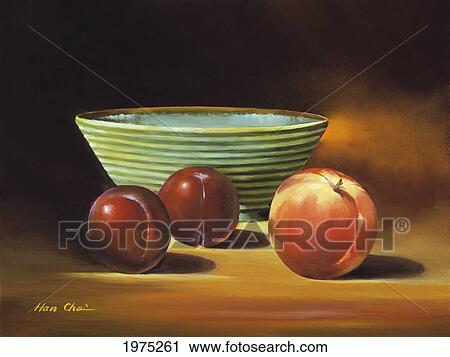 Still Life Ii, Apple, Plum And Bowl On Surface (Oil Painting). View Large Photo Image Stock Image - Still Life Ii, Apple, Plum And Bowl On Surface (Oil Painting).. Fotosearch