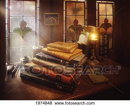 Stock Photo - Still Life Of A Stack Of Antique Books, Victorian Study.. Fotosearch