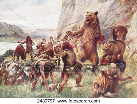 Stone age man hunting wild bears. After a work c. 1920 View Large Photo Image Stock Photo - Stone age man hunting wild bears. After a work c. 1920. Fotosearch
