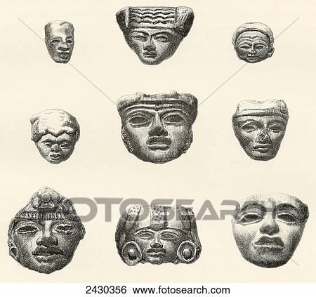 Stock Photograph - Stone heads and masks found at Teotihuacan, Mexico by Desir. Fotosearch