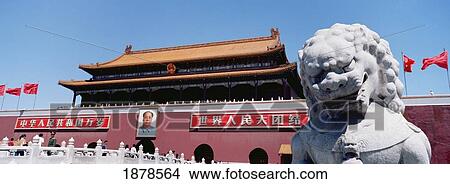 Stone Lion Statue And Portrait Of Mao On Tiamanmen View Large Photo Image Picture - Stone Lion Statue And Portrait Of Mao On Tiamanmen. Fotosearch