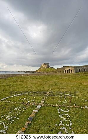 Stock Photography - Stone Ring And Lindisfarne Castle In Distance, Holy Island, Northumberland, Uk. Fotosearch