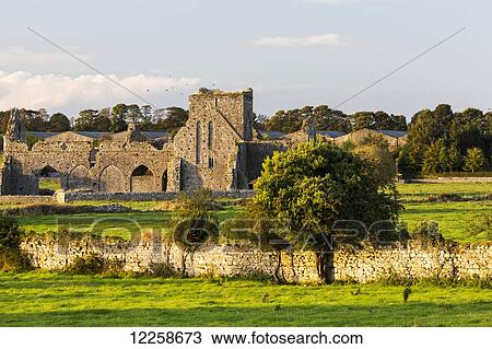 Stock Image - Stone ruin in grassy field with stone fence; Cashel, County Tipperary, Ireland. Fotosearch