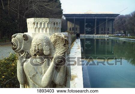Stock Image - Stone Statue And Pool, Chehel Sotun Palace. Fotosearch