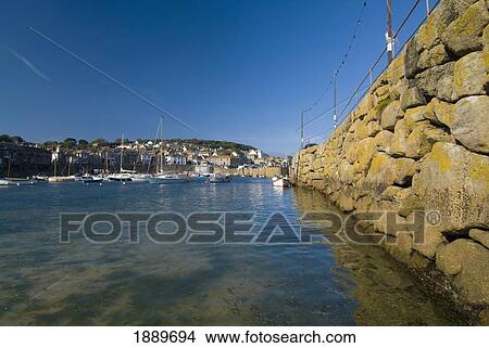 Picture - Stone Wall Inside The Harbor Of Mousehole, Low Angle View. Fotosearch