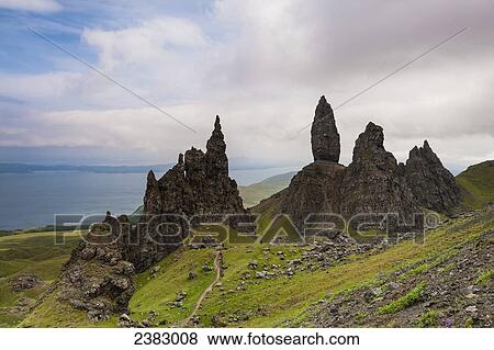 Stock Photo - Strange rocky outcrops of 'The Sanctuary' including the Old Man of Storr, Trotternish; Isle of Skye, Scotland. Fotosearch