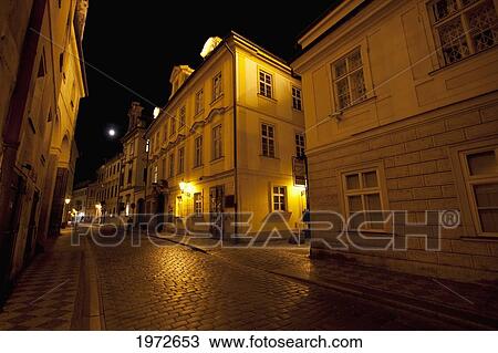 Stock Image - Street In The Old Town At Night, Prague, Czech Republic. Fotosearch
