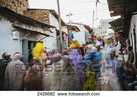 Stock Image - Street scene around the old city of Harar in Eastern Ethiopia; Harar, Ethiopia. Fotosearch