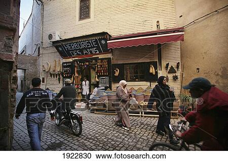 Stock Image - Street Scene In Medina, Marrakesh, Morocco. Fotosearch