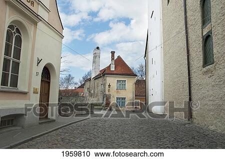 Stock Image - Street Scene In The Old Town Of Tallinn, Estonia. Fotosearch