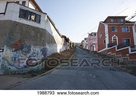 Stock Image - Street Scene On Cerro Jimenez, Valparaiso, Valparaiso Region, Chile. Fotosearch