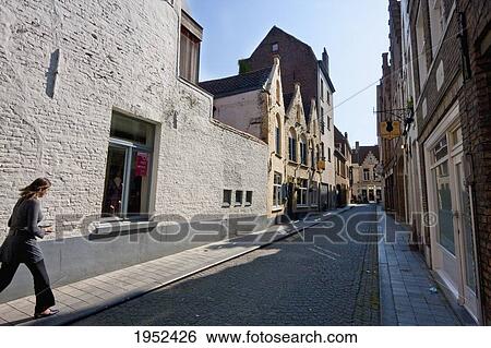 Stock Photograph - Street scene with Medieval houses, Bruges (Brugge), West Flanders, Belgium. Fotosearch
