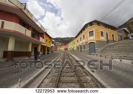 Stock Image - Street scene with railway tracks, Alausi, Chimborazo, Ecuador. Fotosearch