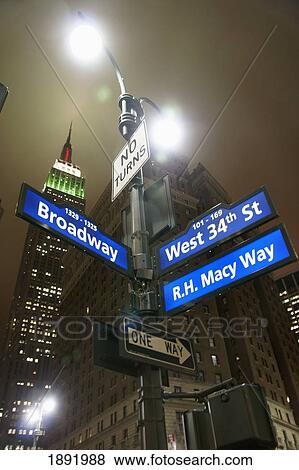 Stock Photo - Street Signs Beneath Empire State Building In Midtown Manhattan. Fotosearch