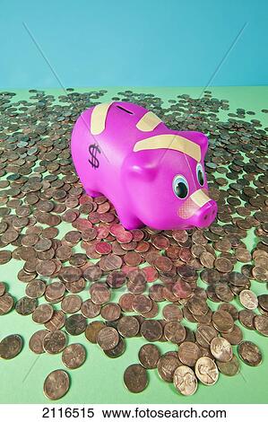 Studio shot of a childs piggy bank surrounded by pennies and covered in bandaids. View Large Photo Image Stock Photography - Studio shot of a childs piggy bank surrounded by pennies and covered in bandaids.. Fotosearch