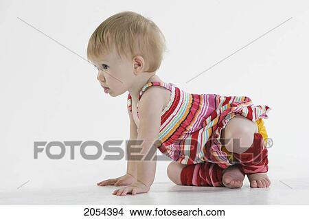 Picture - Studio Shot On White Of A Girl Getting Ready To Crawl. Fotosearch
