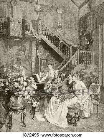 Studying A Music Score, After A Painting By Alberto Aublet, Engraved By Baude. From A 19Th Century Illustration. View Large Photo Image Stock Photograph - Studying A Music Score, After A Painting By Alberto Aublet, Engraved By Baude. From A 19Th Century Illustration.. Fotosearch