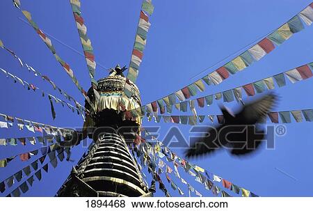 Stupa And Prayer Flags View Large Photo Image Stock Photo - Stupa And Prayer Flags. Fotosearch