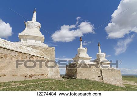 Picture - Stupas on the enclosure wall surrounding Erdene Zuu Monastery, Karakorum (Kharkhorin),? vÃƒÆ’Ã‚Â·rkhangai Province, Mongolia. Fotosearch