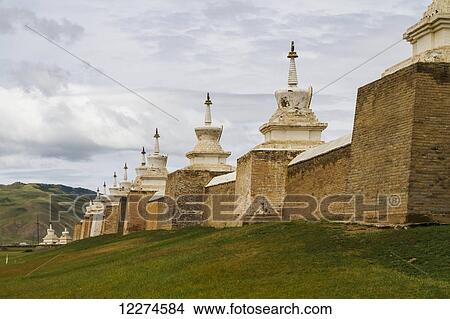 Picture - Stupas on the enclosure wall surrounding Erdene Zuu Monastery, Karakorum (Kharkhorin),? vÃƒÆ’Ã‚Â·rkhangai Province, Mongolia. Fotosearch