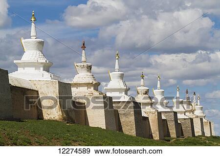 Stock Photo - Stupas on the enclosure wall surrounding Erdene Zuu Monastery, Karakorum (Kharkhorin),? vÃƒÆ’Ã‚Â·rkhangai Province, Mongolia. Fotosearch