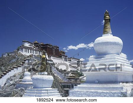 Picture - Stupas With Potala Palace In Background. Fotosearch