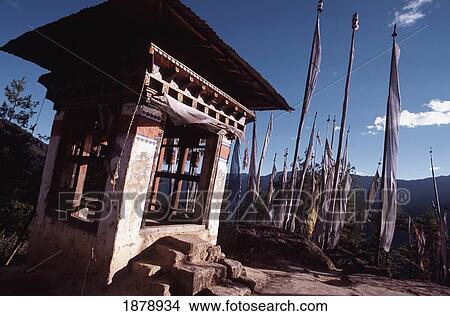 Stups With Prayer Wheels Surrounded By Prayer Flags View Large Photo Image Picture - Stups With Prayer Wheels Surrounded By Prayer Flags. Fotosearch