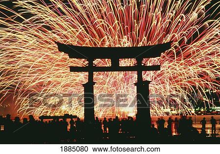 Stock Image - Summer Fireworks At Itsukushima Shrine. Fotosearch